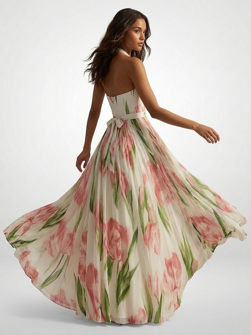 Dame Maxi Kjole Blomstret Chiffon Halterneck Bryllupsgæst Sommer