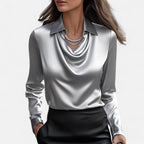 Dame Bluse Satin Draperet Hals Klassisk Krave Lange Ærmer