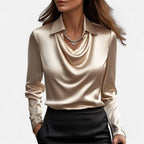 Dame Bluse Satin Draperet Hals Klassisk Krave Lange Ærmer