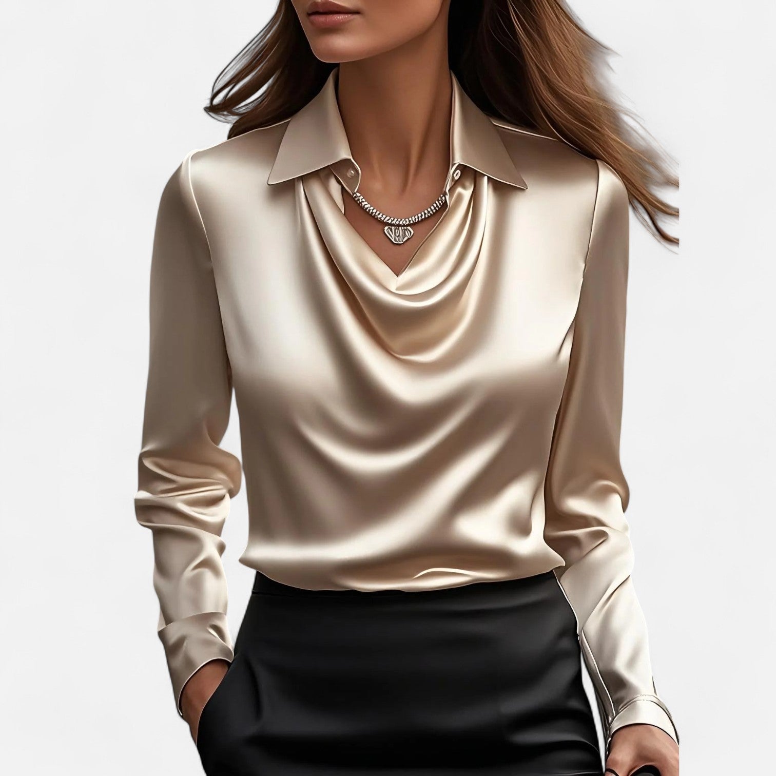 Dame Bluse Satin Draperet Hals Klassisk Krave Lange Ærmer