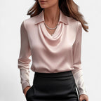 Dame Bluse Satin Draperet Hals Klassisk Krave Lange Ærmer