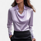 Dame Bluse Satin Draperet Hals Klassisk Krave Lange Ærmer