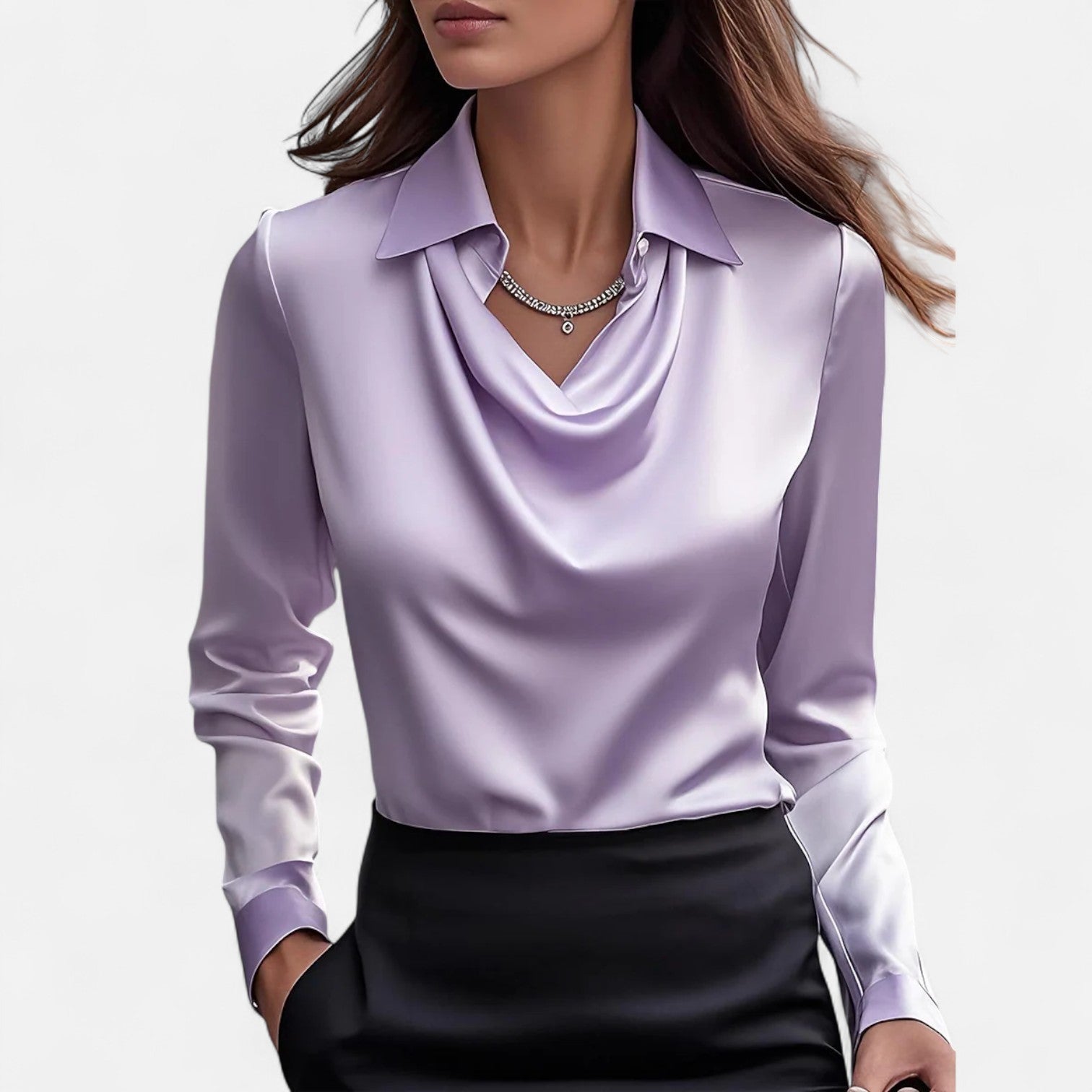 Dame Bluse Satin Draperet Hals Klassisk Krave Lange Ærmer