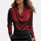 Dame Bluse Satin Draperet Hals Klassisk Krave Lange Ærmer