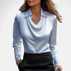 Dame Bluse Satin Draperet Hals Klassisk Krave Lange Ærmer