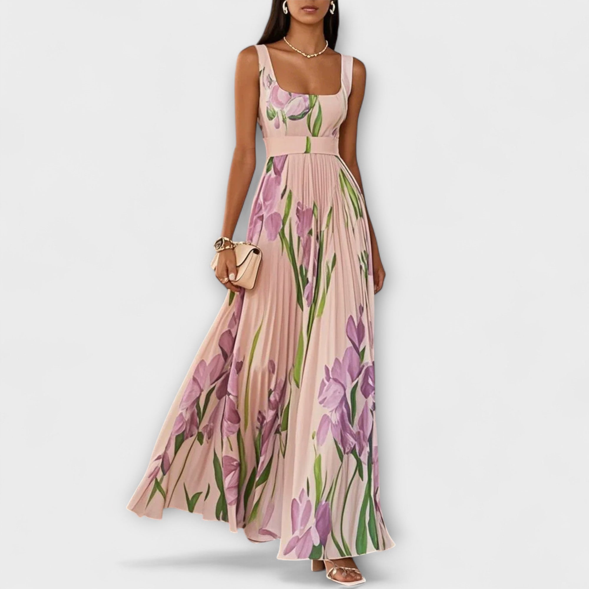 Dame Maxi Kjole Blomstret Chiffon Plisseret Bryllupsgæst Sommer