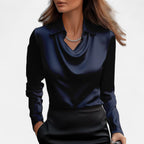 Dame Bluse Satin Draperet Hals Klassisk Krave Lange Ærmer