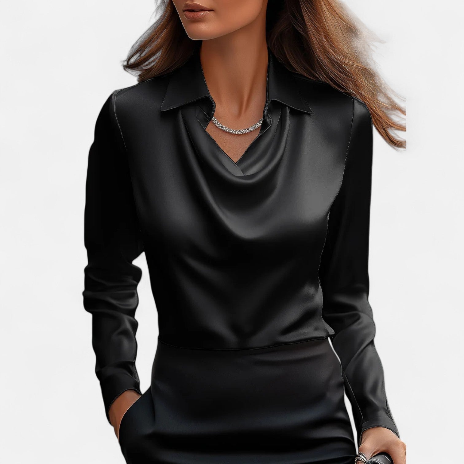 Dame Bluse Satin Draperet Hals Klassisk Krave Lange Ærmer