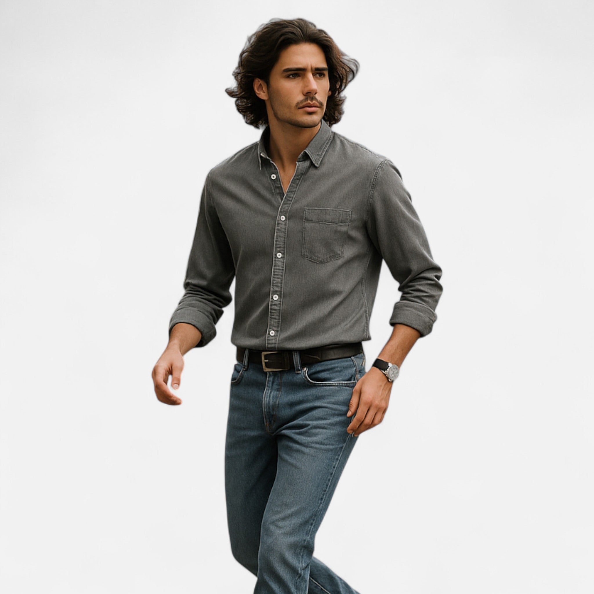 Herre Denim Skjorte Bomuld Lange Ærmer Casual Smart