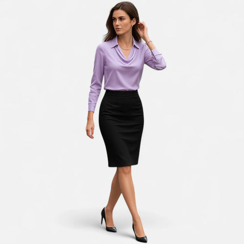 Dame Bluse Satin Draperet Hals Klassisk Krave Lange Ærmer