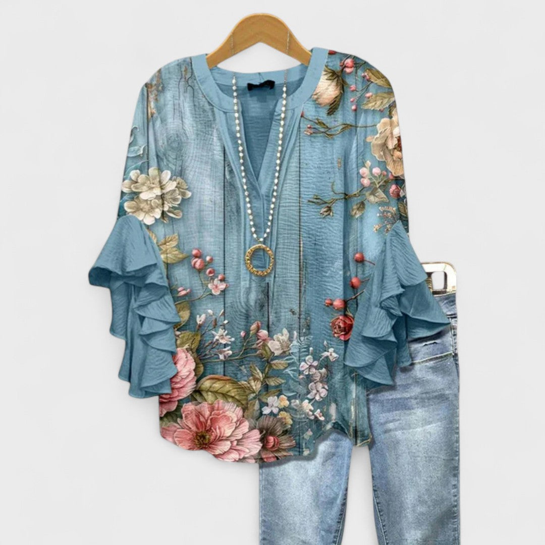 Dame Bluse Blomstret Flæseærmer V-hals Løs Pasform Sommer