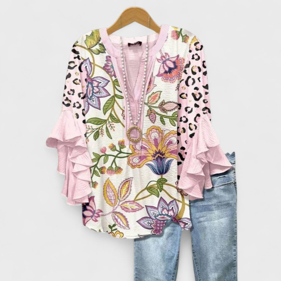 Dame Bluse Blomstret Flæseærmer V-hals Løs Pasform Sommer
