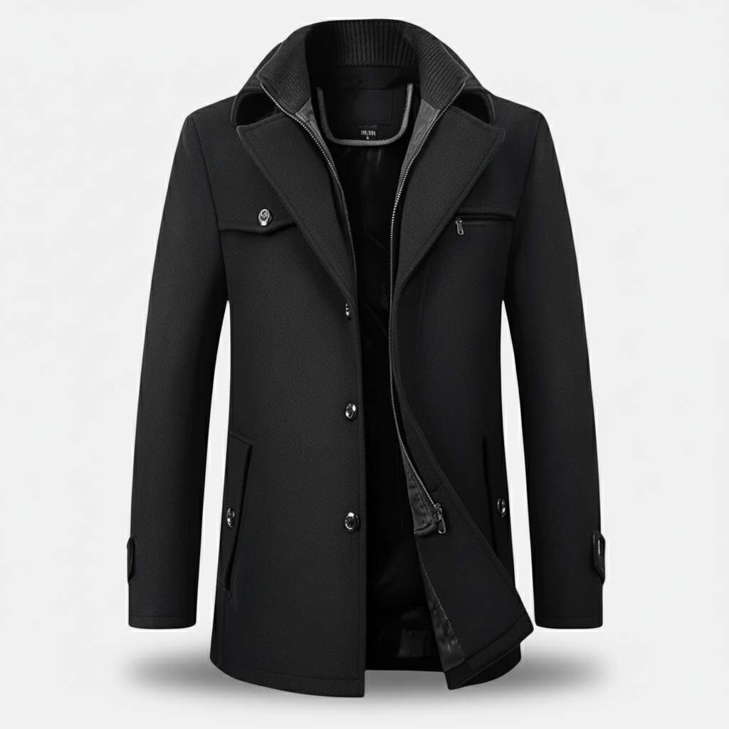 Devinton | Men’s Wool Blend Trench Coat with Double Zipper Stand Collar