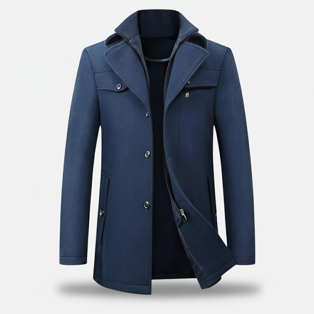 Devinton | Men’s Wool Blend Trench Coat with Double Zipper Stand Collar