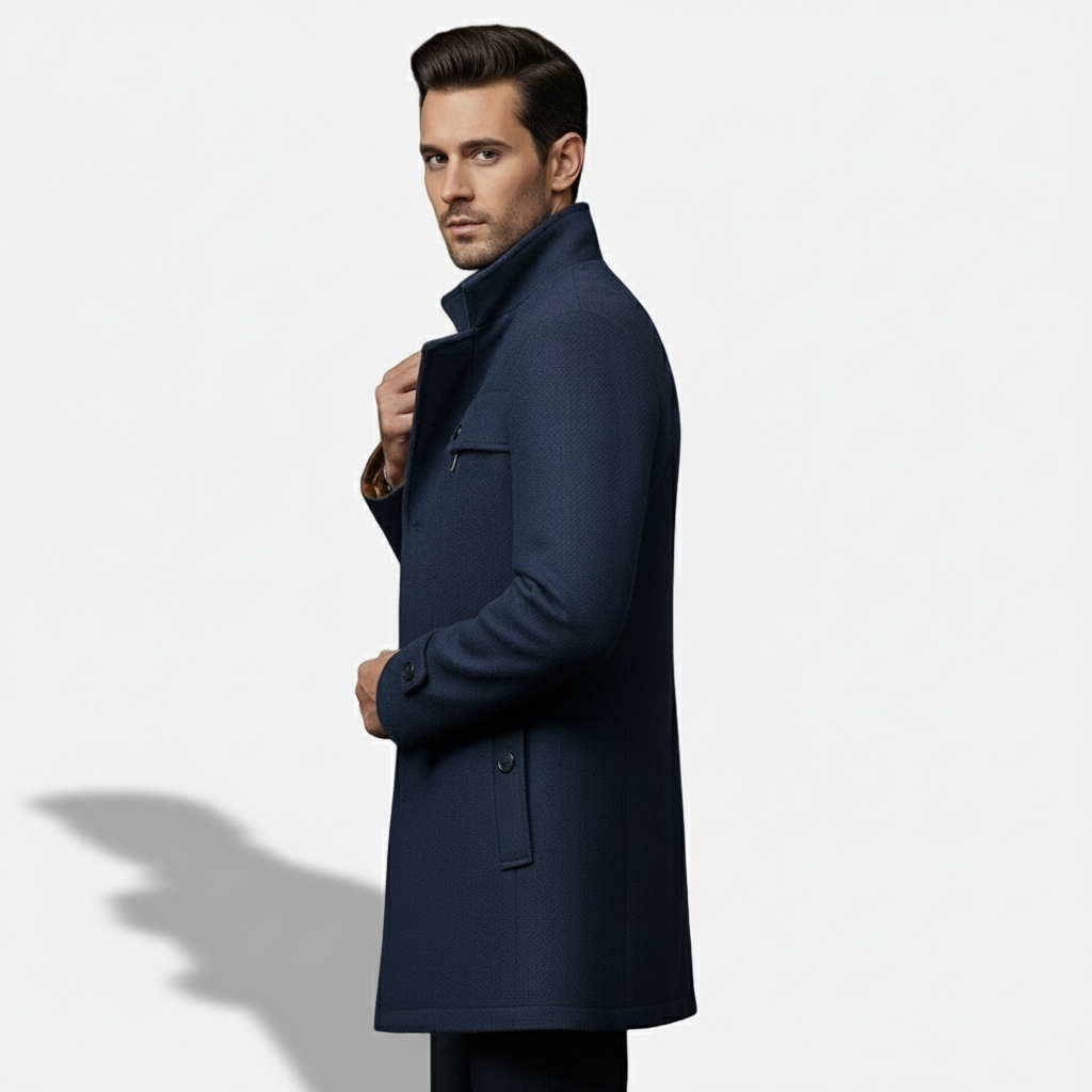 Devinton | Men’s Wool Blend Trench Coat with Double Zipper Stand Collar