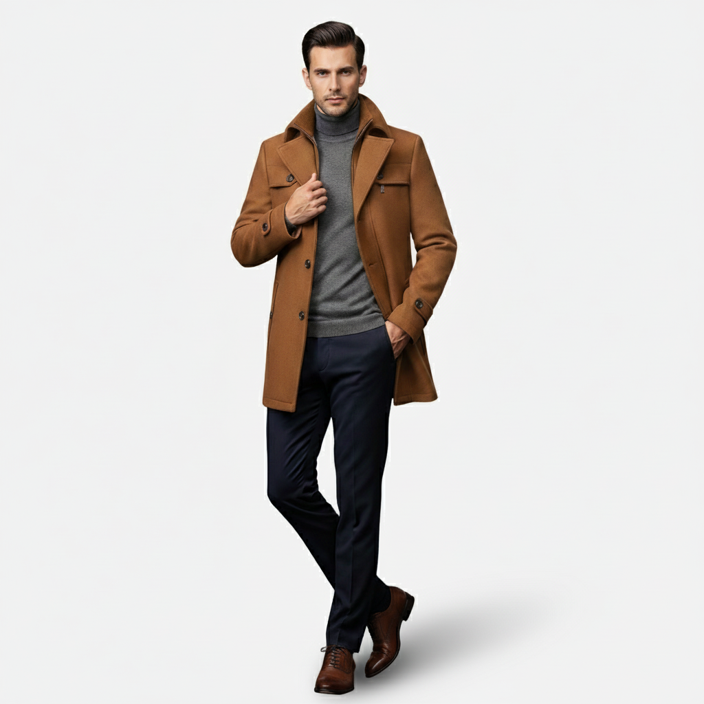 Devinton | Men’s Wool Blend Trench Coat with Double Zipper Stand Collar