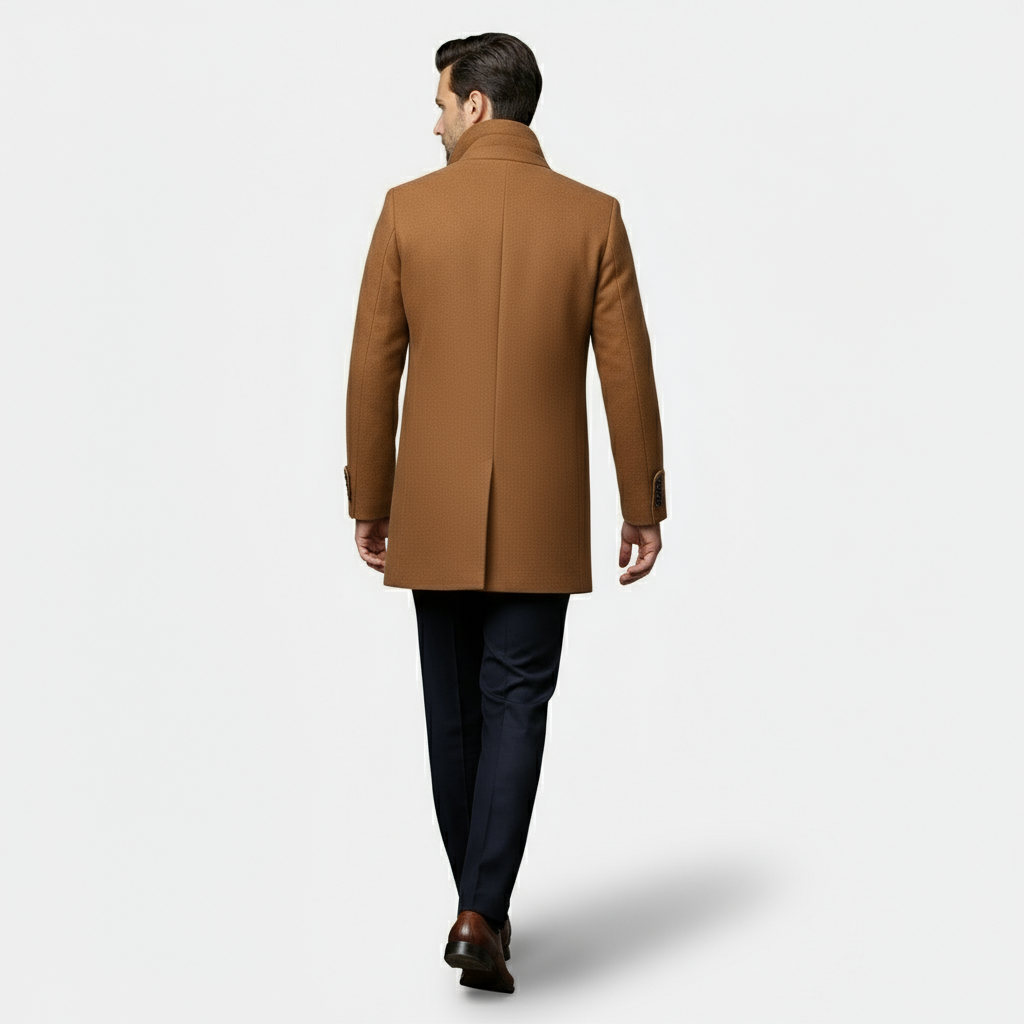 Devinton | Men’s Wool Blend Trench Coat with Double Zipper Stand Collar
