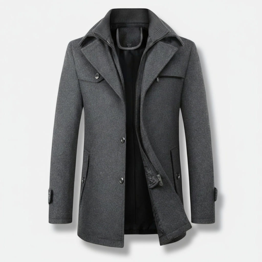 Devinton | Men’s Wool Blend Trench Coat with Double Zipper Stand Collar