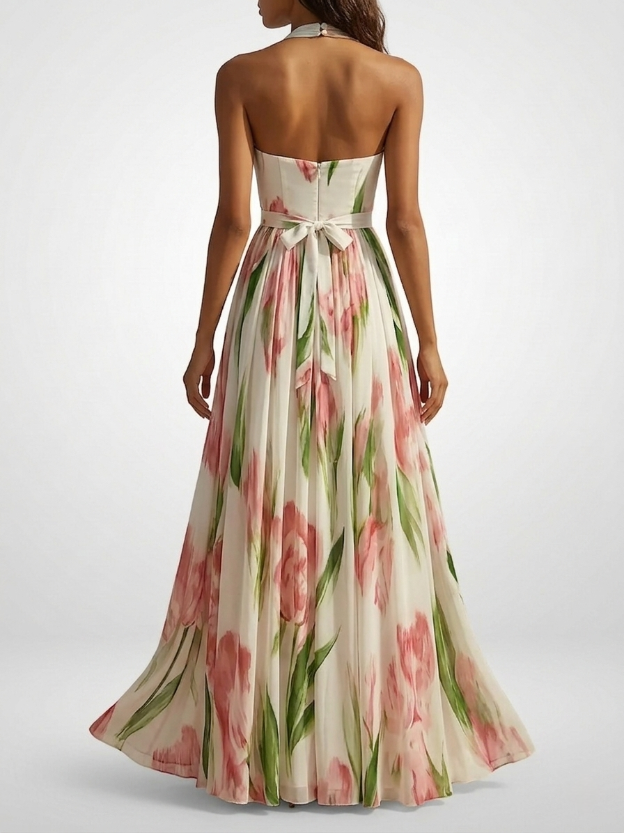 Dame Maxi Kjole Blomstret Chiffon Halterneck Bryllupsgæst Sommer