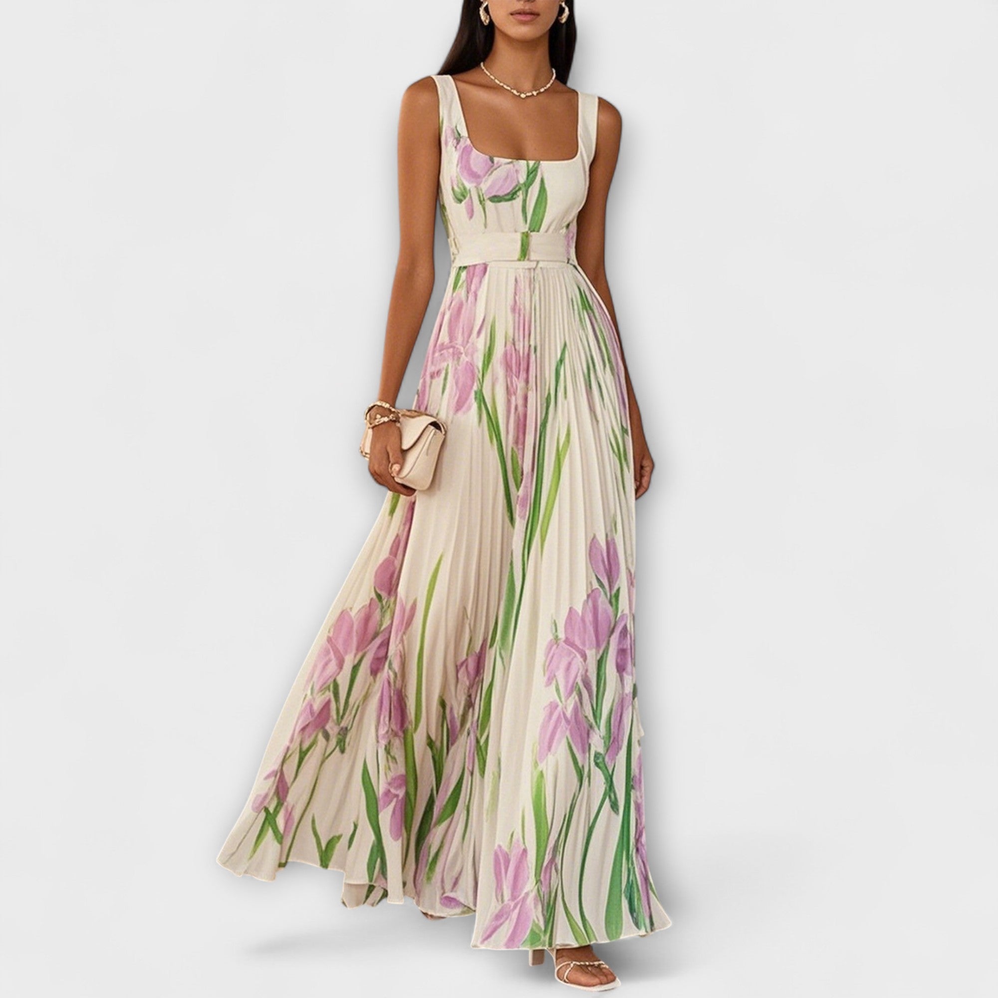 Dame Maxi Kjole Blomstret Chiffon Plisseret Bryllupsgæst Sommer