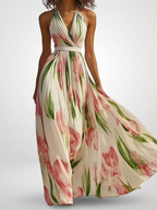 Dame Maxi Kjole Blomstret Chiffon Halterneck Bryllupsgæst Sommer