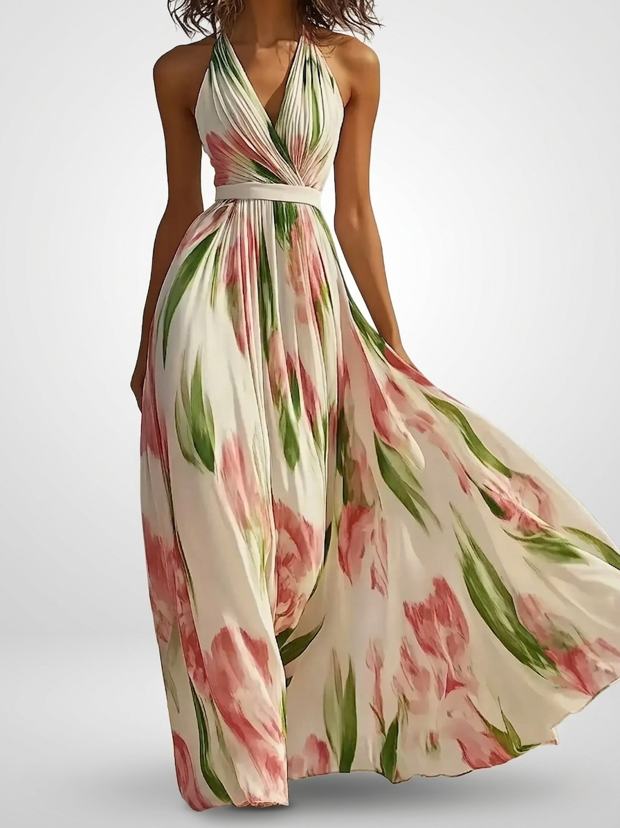 Dame Maxi Kjole Blomstret Chiffon Halterneck Bryllupsgæst Sommer