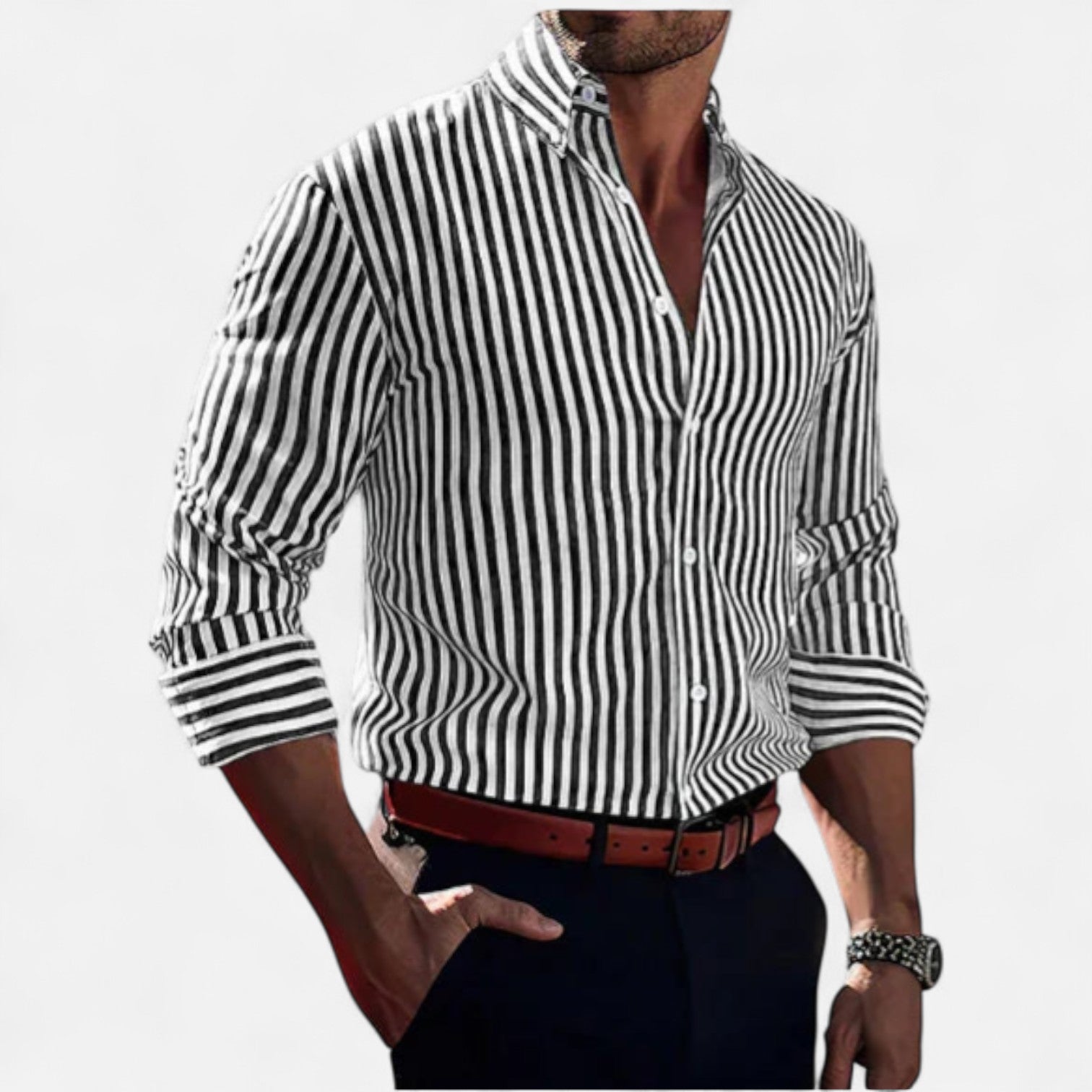 Herre Skjorte Stribet Slim Fit Lange Ærmer Smart Casual