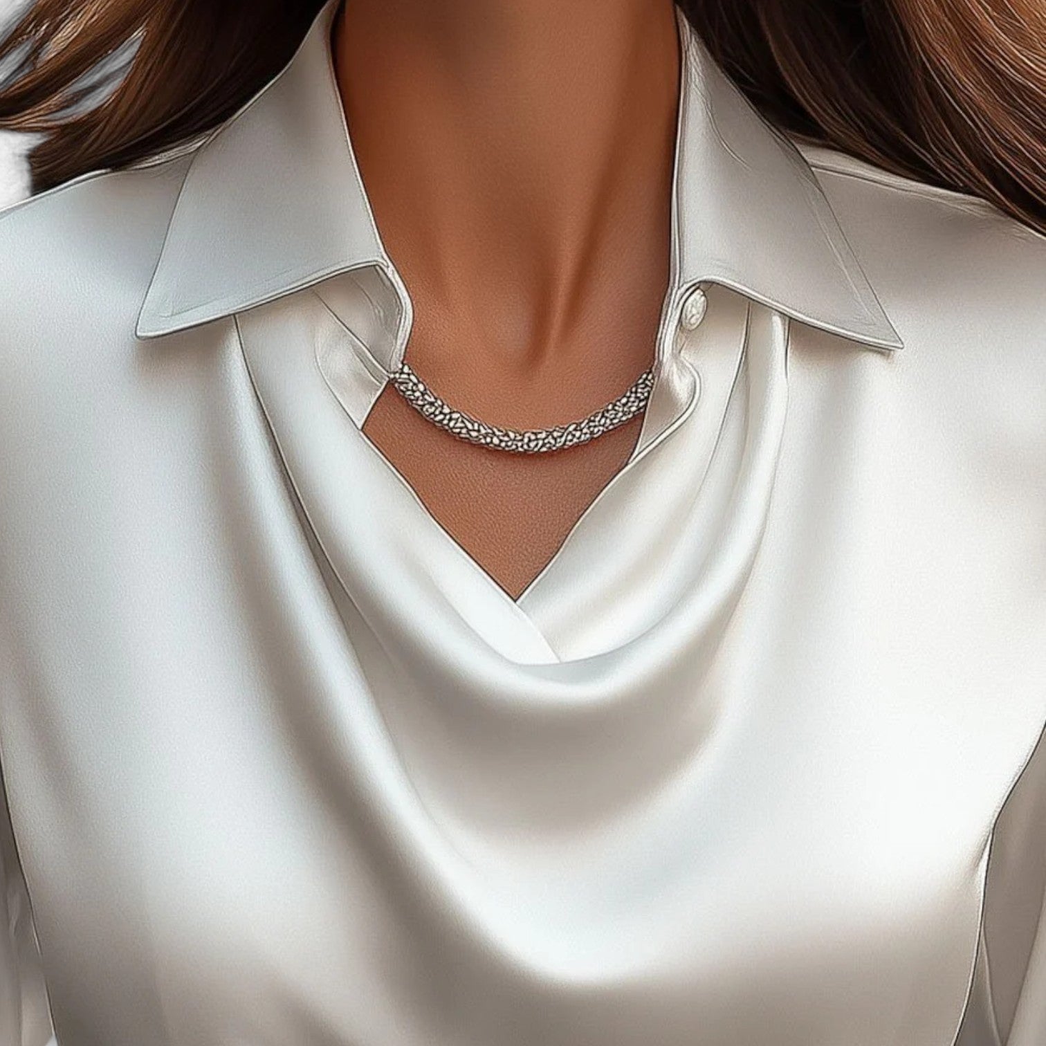 Dame Bluse Satin Draperet Hals Klassisk Krave Lange Ærmer