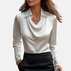 Dame Bluse Satin Draperet Hals Klassisk Krave Lange Ærmer